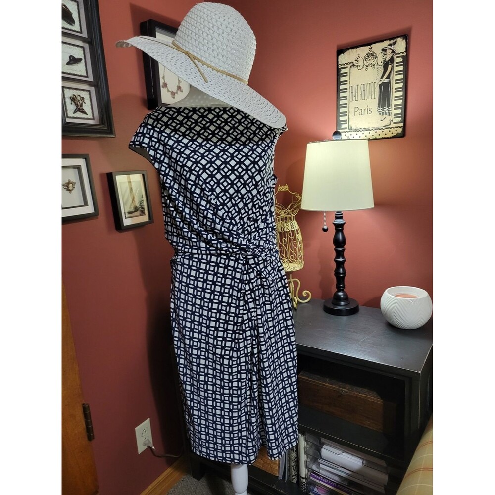 Ralph Lauren Women's 16 Navy and White Geometric Tie-Waist Midi Dress Business C
